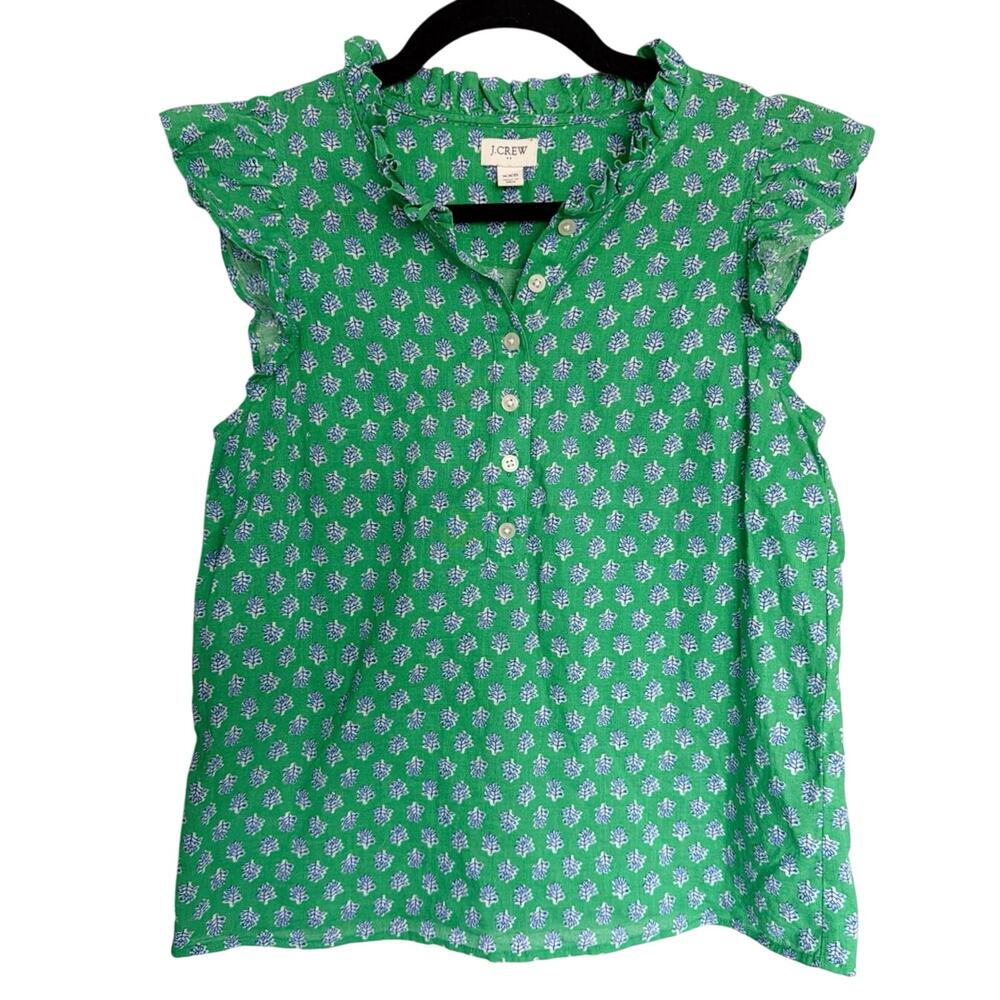 J.Crew, Size XXS, Emerald Floral Blouse, Flutter Sleeve, Relaxed, Office, Cotton